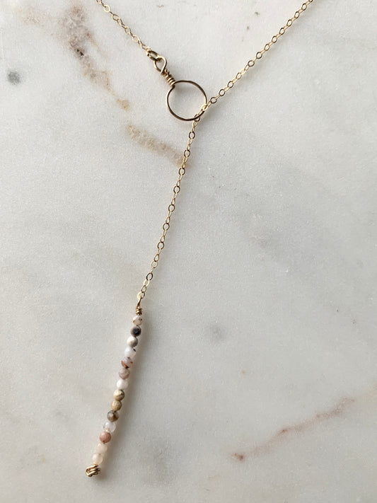 Tiny pink Opal Lariat Y Necklace, Vertical gemstone bar necklace, Tiny gemstone pendant, October Birthstone Jewelry, Libra or Scorpio Gift