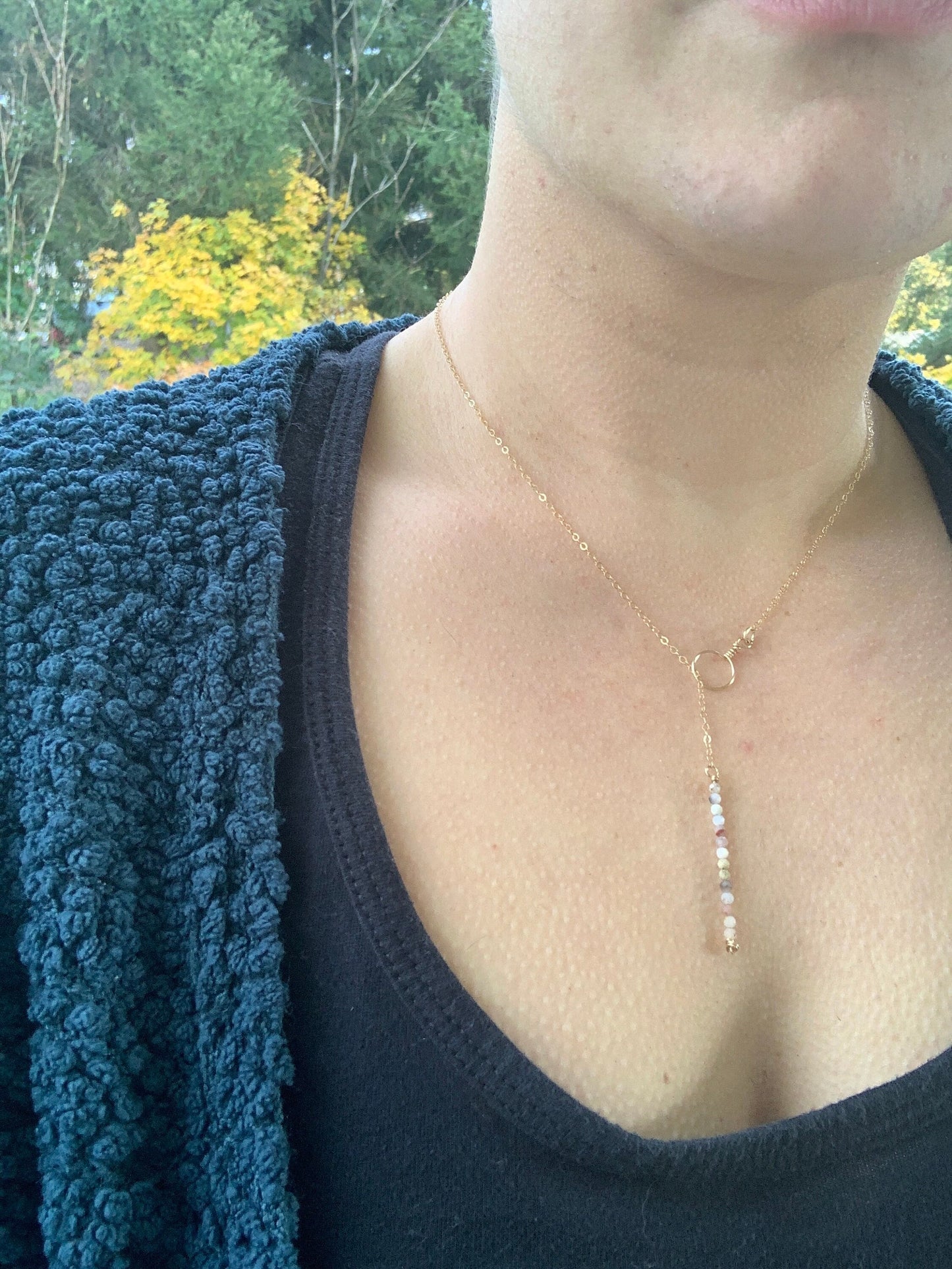 Tiny pink Opal Lariat Y Necklace, Vertical gemstone bar necklace, October Birthstone Jewelry Gift for Her, Libra or Scorpio Zodiac Crystals