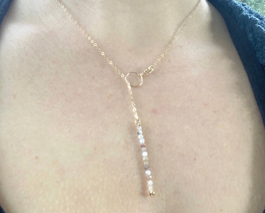 Tiny pink Opal Lariat Y Necklace, Vertical gemstone bar necklace, October Birthstone Jewelry Gift for Her, Libra or Scorpio Zodiac Crystals