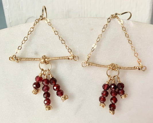 Triangle gemstone earrings, natural garnet earrings, garnet chandelier earrings, Jellyfish earrings, gold filled January birthstone jewelry