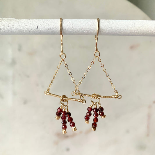 Triangle gemstone earrings, natural garnet earrings, garnet chandelier earrings, Jellyfish earrings, gold filled January birthstone jewelry