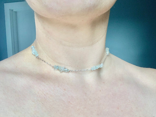 Raw Aquamarine Necklace, Silver Aquamarine Choker, March Birthstone Necklace,  Summer Beach Aquamarine Jewelry Gift for Women or Daughter