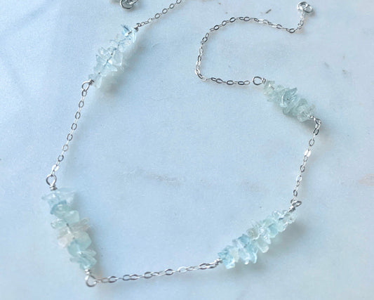 Raw Aquamarine Necklace, Silver Aquamarine Choker, March Birthstone Necklace,  Summer Beach Aquamarine Jewelry Gift for Women or Daughter