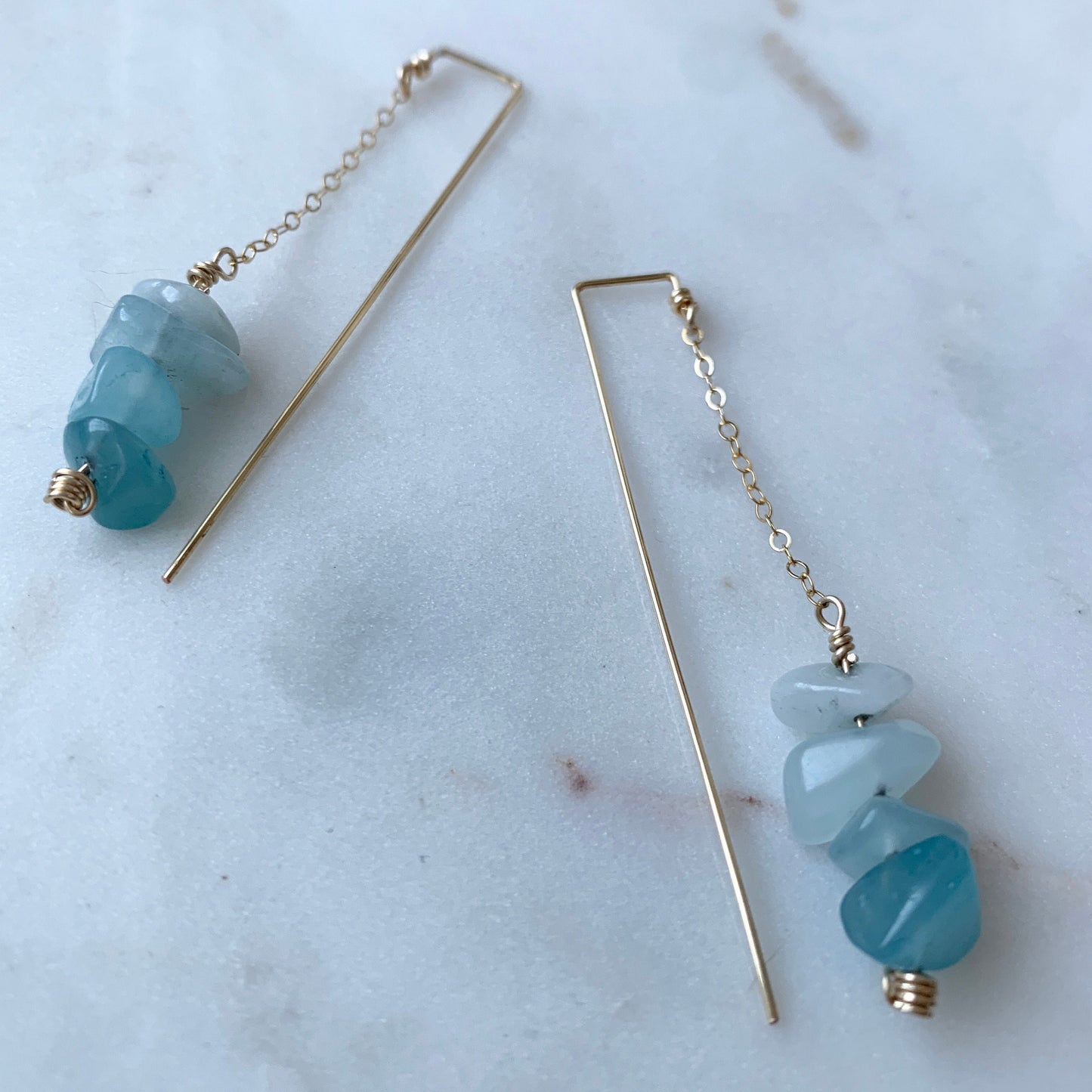 Raw Crystal Aquamarine Earrings, Front Back Earrings, Long Threader Earrings, Gift for Pisces, Raw Crystal Dangle Earrings