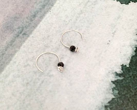 Open Hoop Earrings, Delicate gemstone huggies, black tourmaline earrings, minimal gem earrings, tiny threader hoops