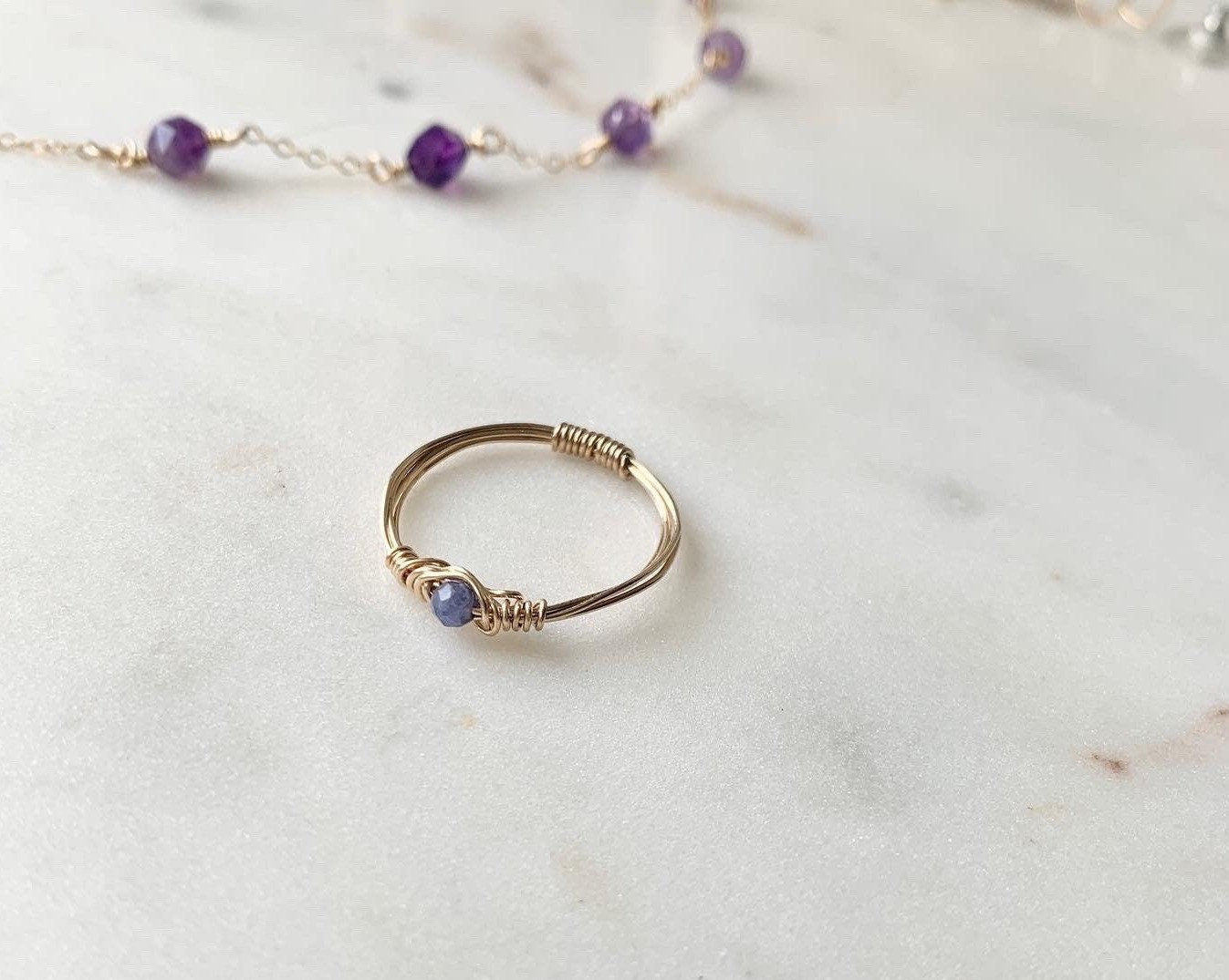 Tanzanite Rings, Single Bead Gemstone Ring, Gemstone Stacking Ring, Very Peri Jewelry, Dainty Beaded Ring, Custom Birthstone Ring