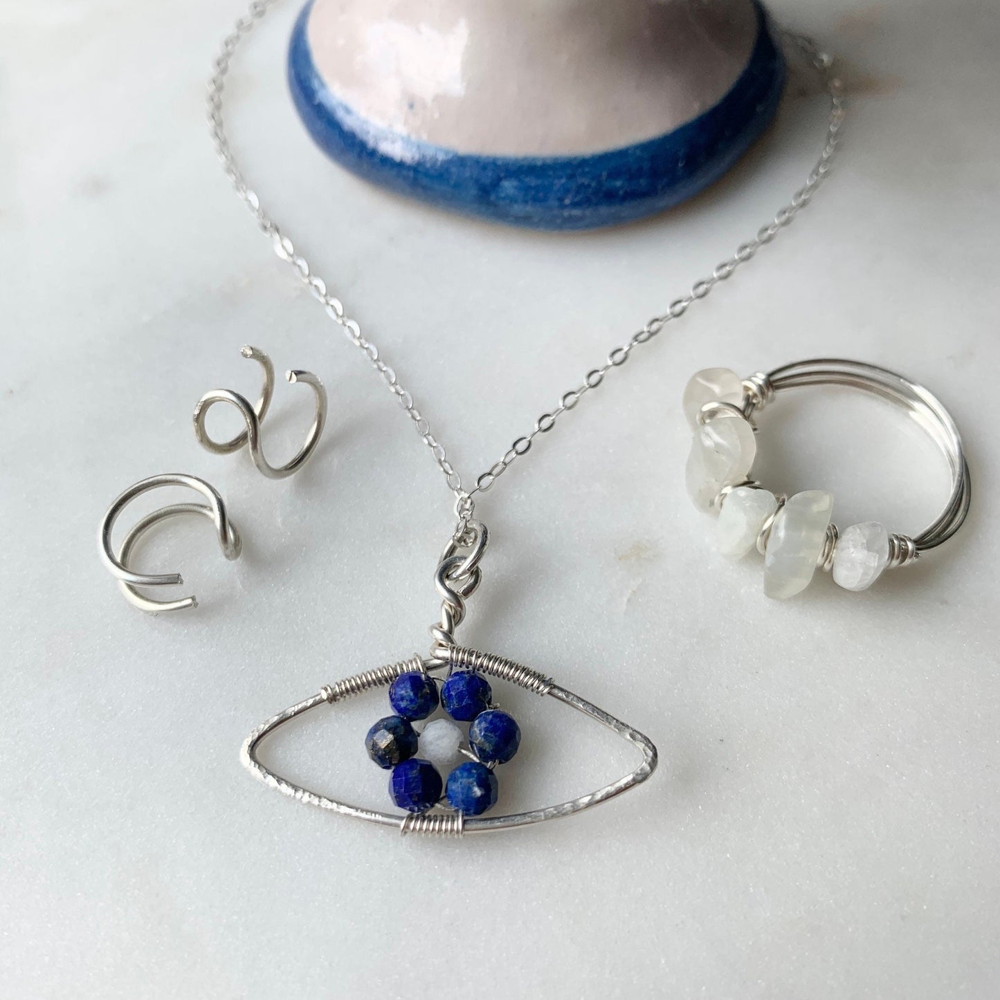 Wire wrapped Evil Eye Necklace, Moonstone and Lapis Lazuli Pendant, Spiritual Protection Handmade Talisman jewelry, Handmade Good Luck Gifts