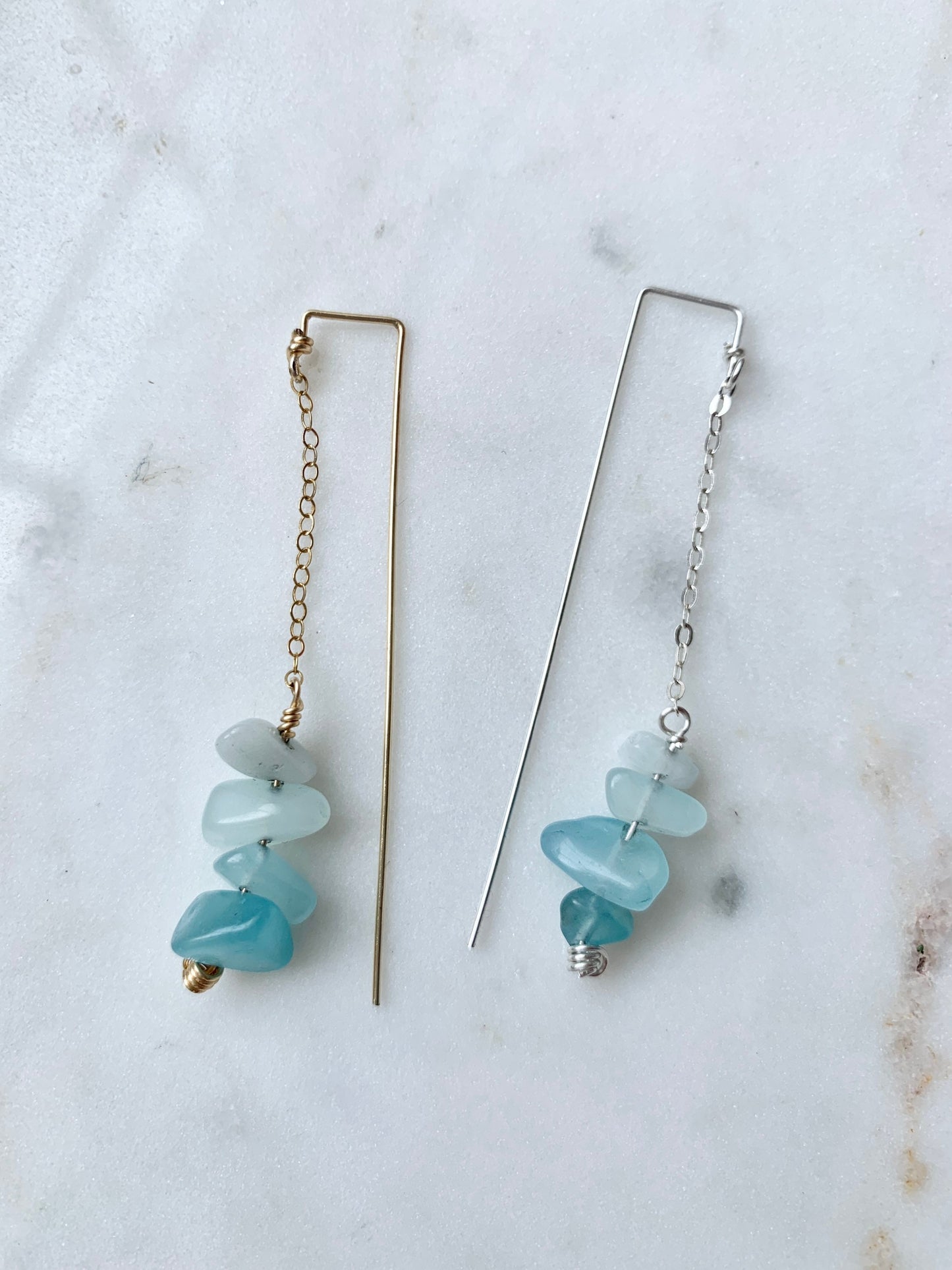 Raw Crystal Aquamarine Earrings, Front Back Earrings, Long Threader Earrings, Gift for Pisces, Raw Crystal Dangle Earrings
