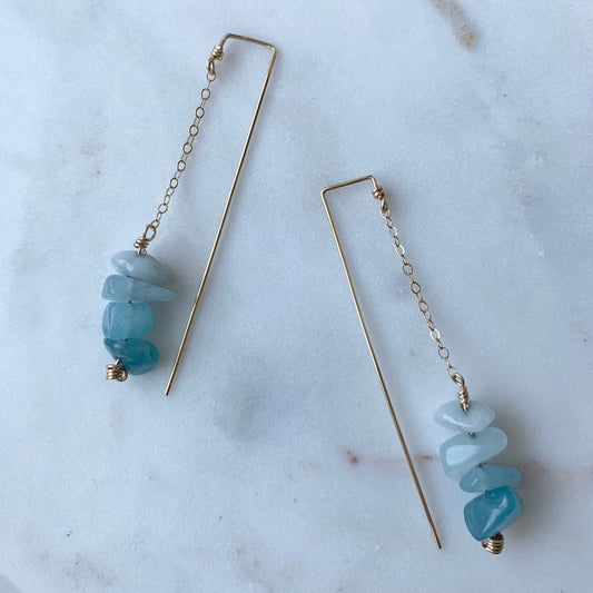 Raw Crystal Aquamarine Earrings, Front Back Earrings, Long Threader Earrings, Gift for Pisces, Raw Crystal Dangle Earrings