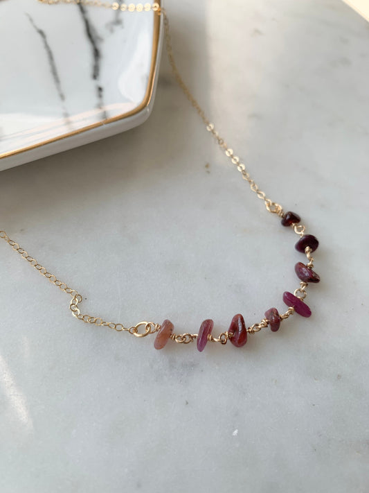 Raw Ombre Ruby Necklace, Autumn Necklace,  Ruby Choker, July birthday gift for her, Leo Necklace, July birthstone necklace Gold