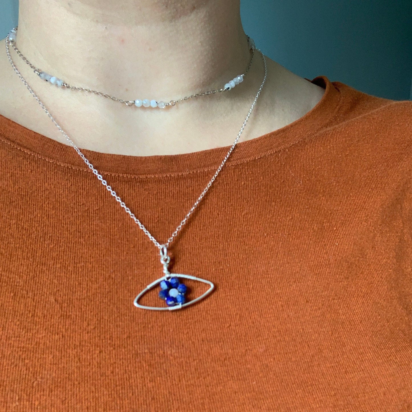 Wire wrapped Evil Eye Necklace, Moonstone and Lapis Lazuli Pendant, Spiritual Protection Handmade Talisman jewelry, Handmade Good Luck Gifts