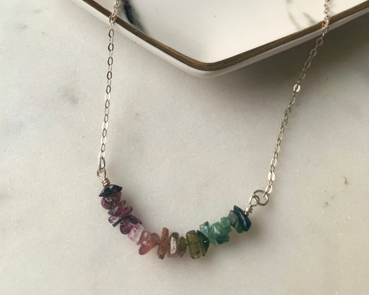 Raw rainbow watermelon Tourmaline Necklace in sterling silver and 14k Gold Filled, October birthstone Necklace, Libra Scorpio birthday gift