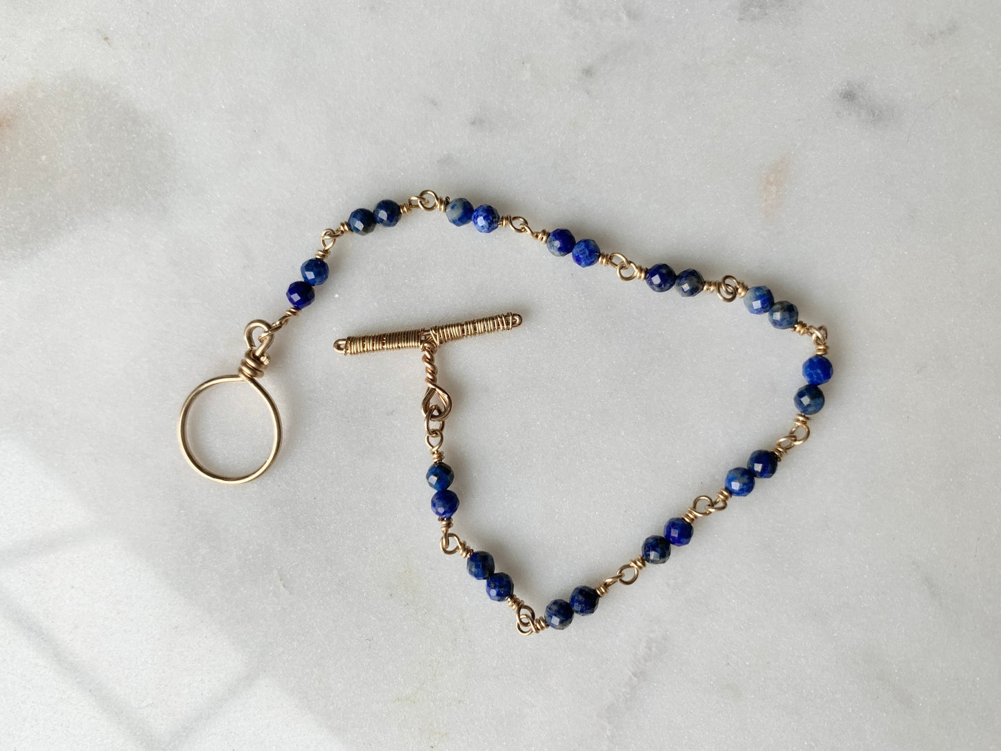 Gold Lapis Lazuli Bracelet with Handmade Toggle Clasp, 14k Gold Filled September Birthstone Birthday Gift for Libra or Virgo Zodiac signs