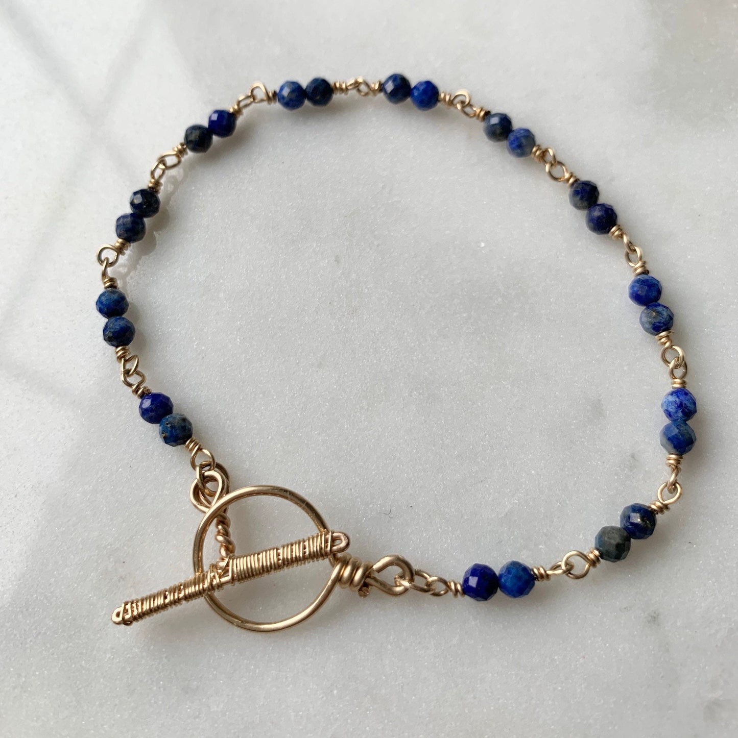 Gold Lapis Lazuli Bracelet with Handmade Toggle Clasp, 14k Gold Filled September Birthstone Birthday Gift for Libra or Virgo Zodiac signs