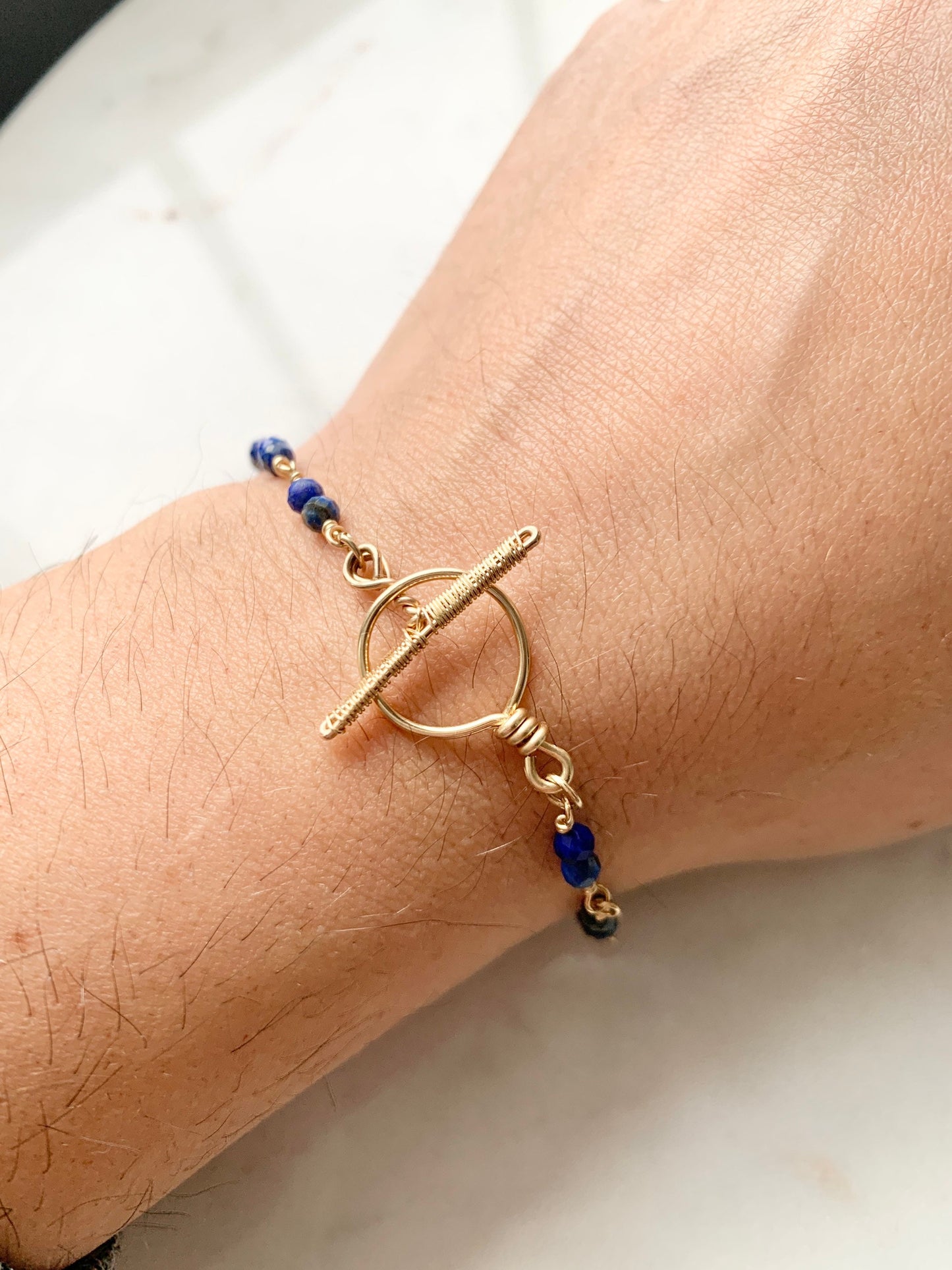 Gold Lapis Lazuli Bracelet with Handmade Toggle Clasp, 14k Gold Filled September Birthstone Birthday Gift for Libra or Virgo Zodiac signs