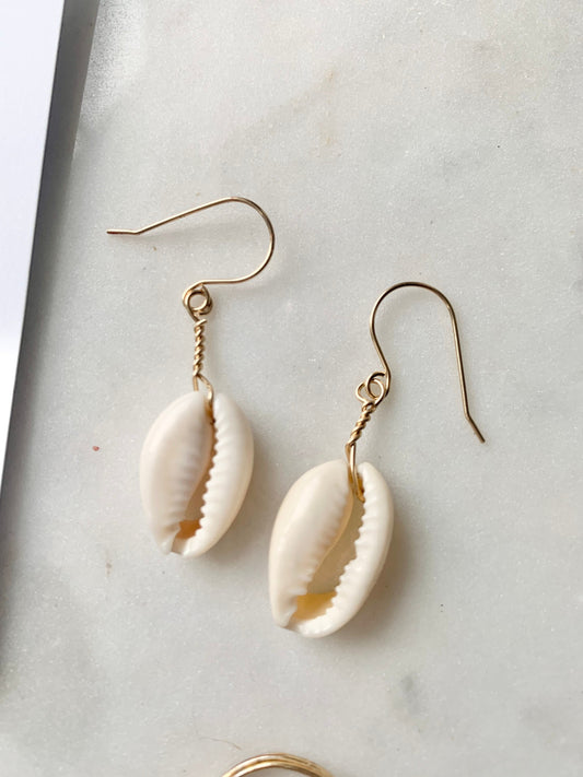 Wire Wrapped Cowrie Shell Earrings in 14k Gold Filled, Boho Bridesmaid Shell Charm Earrings, Hippie Bride Earrings, Gifts for Beach Lover