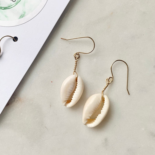 Wire Wrapped Cowrie Shell Earrings in 14k Gold Filled, Boho Bridesmaid Shell Charm Earrings, Hippie Bride Earrings, Gifts for Beach Lover