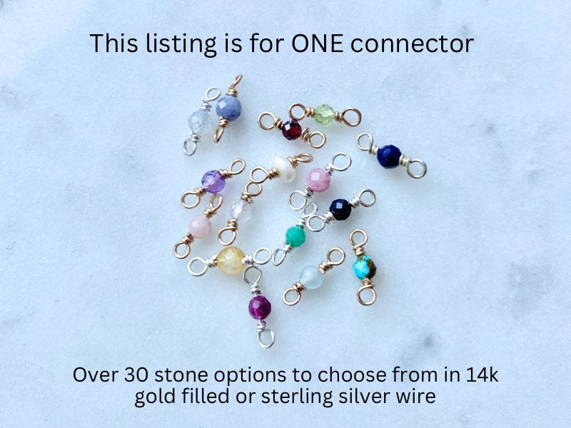 Single Gemstone Birthstone Charm Connector in 14k Gold Filled Sterling Silver, Custom Handmade Wire Wrapped Permanent Jewelry Charms